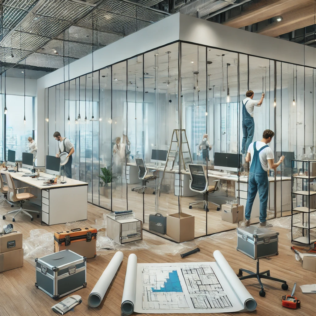 DALL·E 2025-02-09 19.53.07 - A modern office undergoing renovation. The scene includes workers installing new glass partitions, painting walls, and assembling ergonomic furniture
