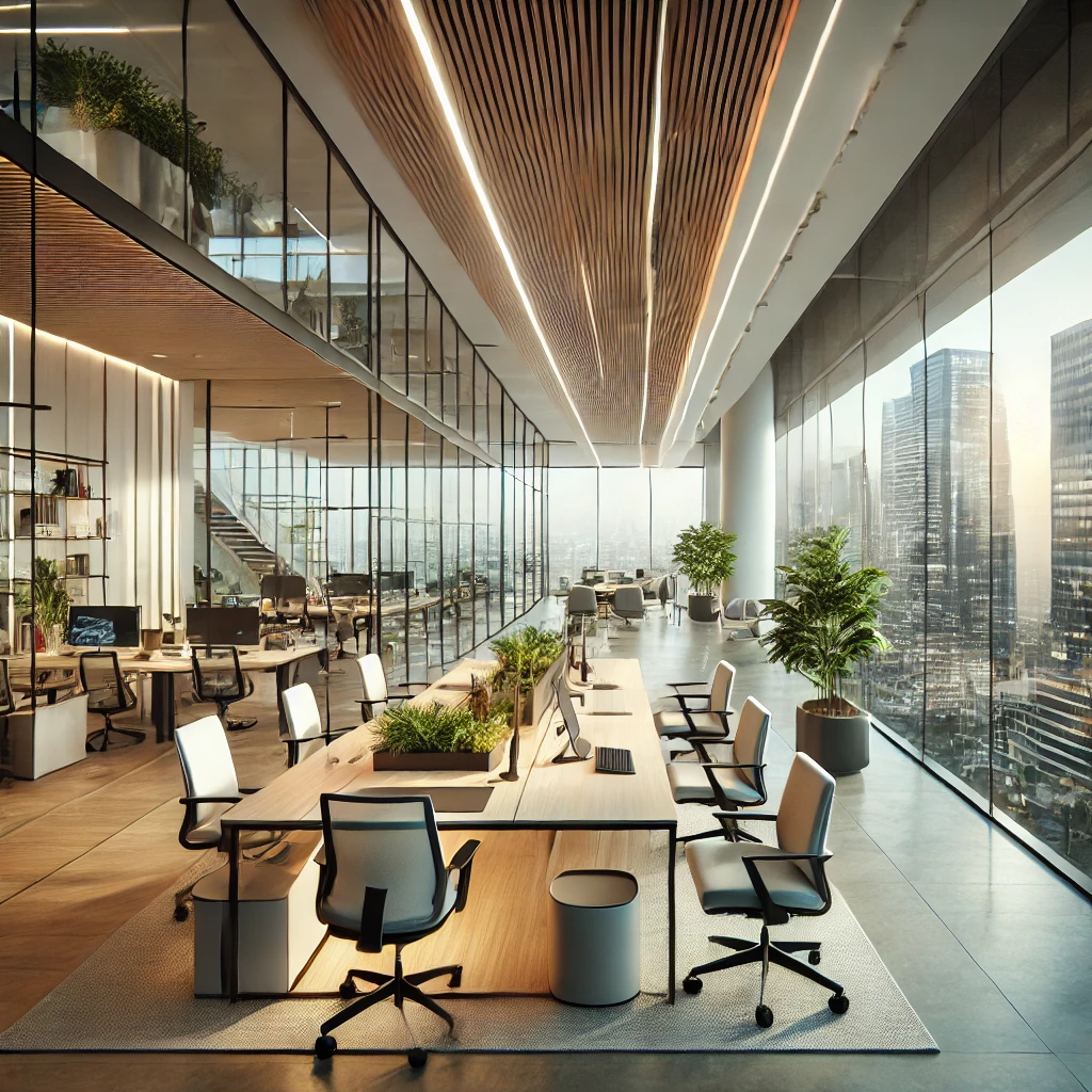 DALL·E 2025-02-09 19.55.25 - A modern office design concept for a corporate space in Mexico City. The office features a sleek, contemporary layout with large glass windows offerin