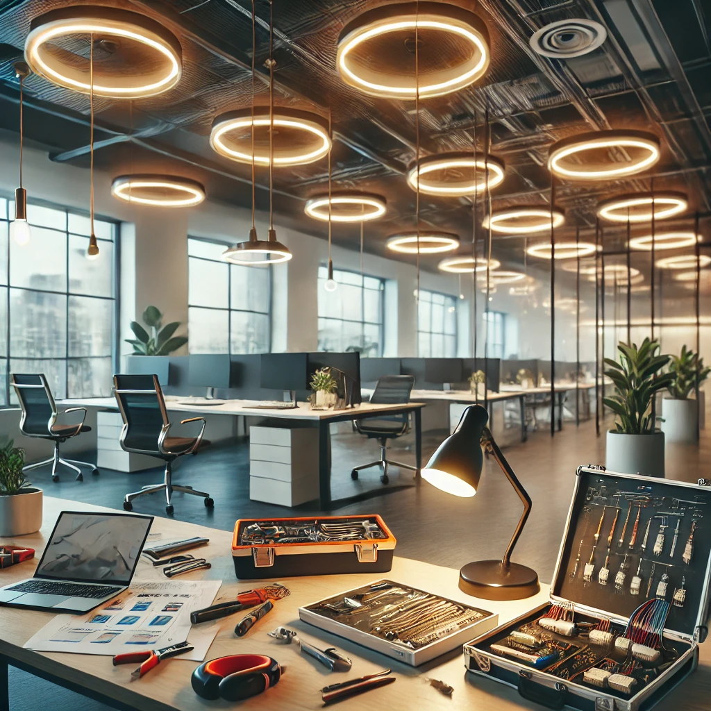 DALL·E 2025-02-09 20.21.52 - A professional workspace undergoing lighting maintenance and installation. The scene features modern ceiling-mounted LED lights being installed, with