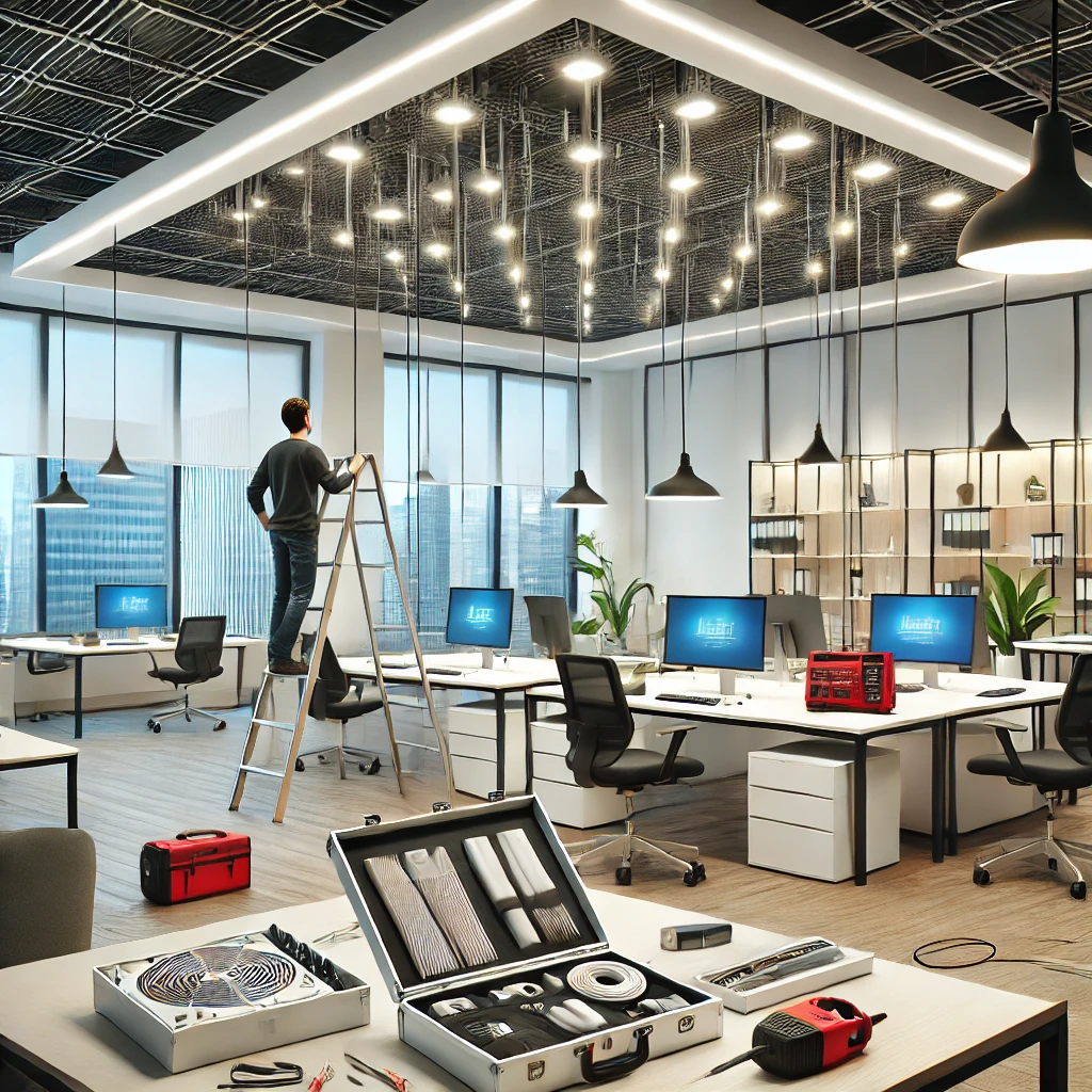 DALL·E 2025-02-09 20.22.15 - A modern office undergoing lighting installation and maintenance. The scene showcases sleek LED panel lights being installed into a suspended ceiling,