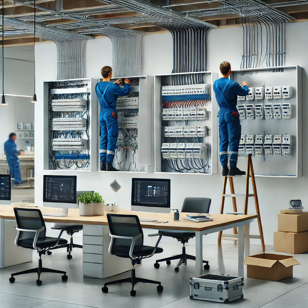 DALL·E 2025-02-09 21.05.50 - A modern office undergoing professional electrical maintenance and installation. The image features electrical panels, organized wiring, and new power