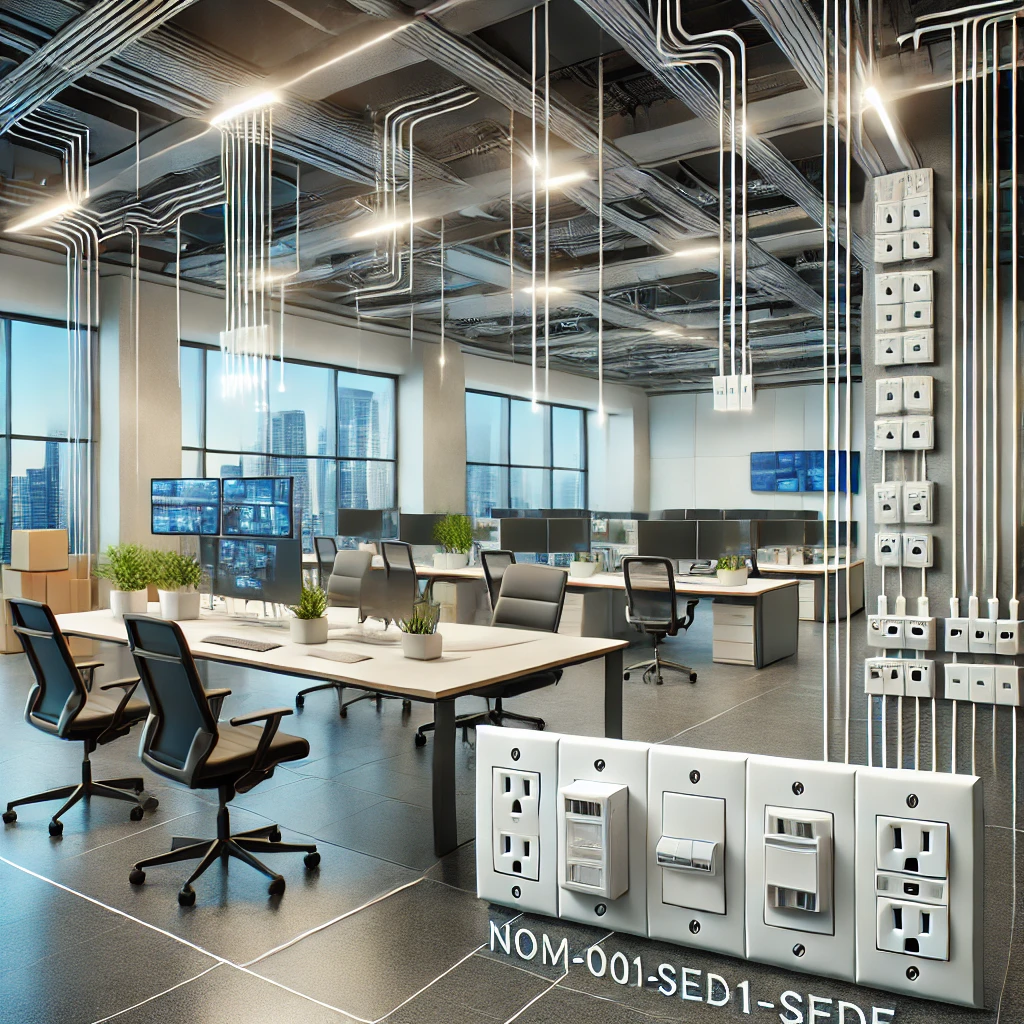 DALL·E 2025-02-09 21.07.19 - A modern office in Mexico undergoing professional electrical installation and maintenance following NOM-001-SEDE standards. The image features correct