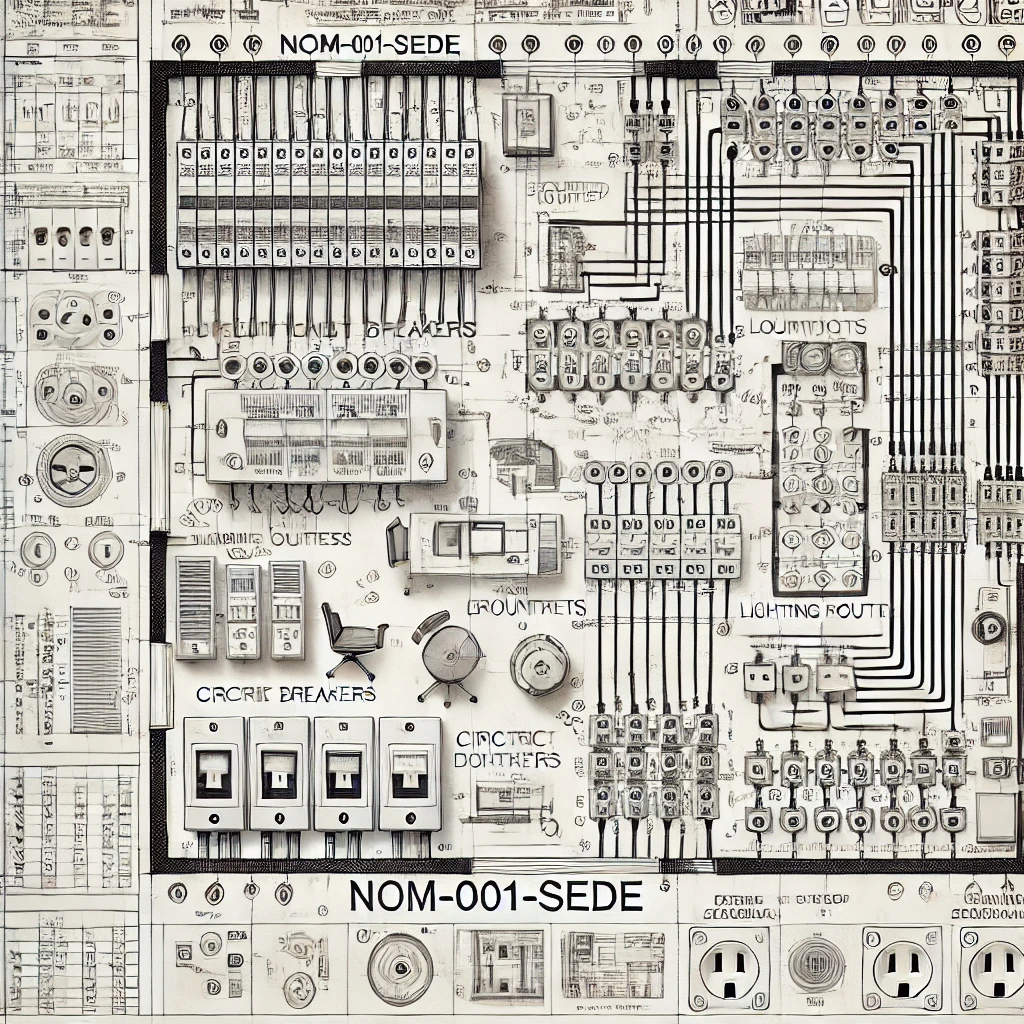 DALL·E 2025-02-09 21.07.50 - A detailed electrical plan for an office in Mexico, following NOM-001-SEDE standards. The blueprint includes symbols for circuit breakers, grounded ou