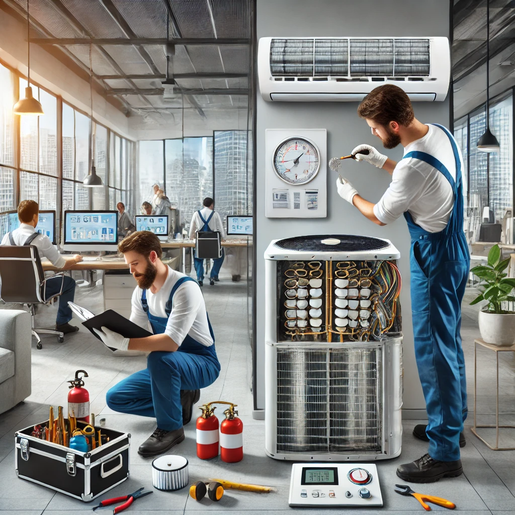 DALL·E 2025-02-09 21.57.16 - A professional technician performing preventive and corrective maintenance on an air conditioning unit in an office setting. The scene includes tools,