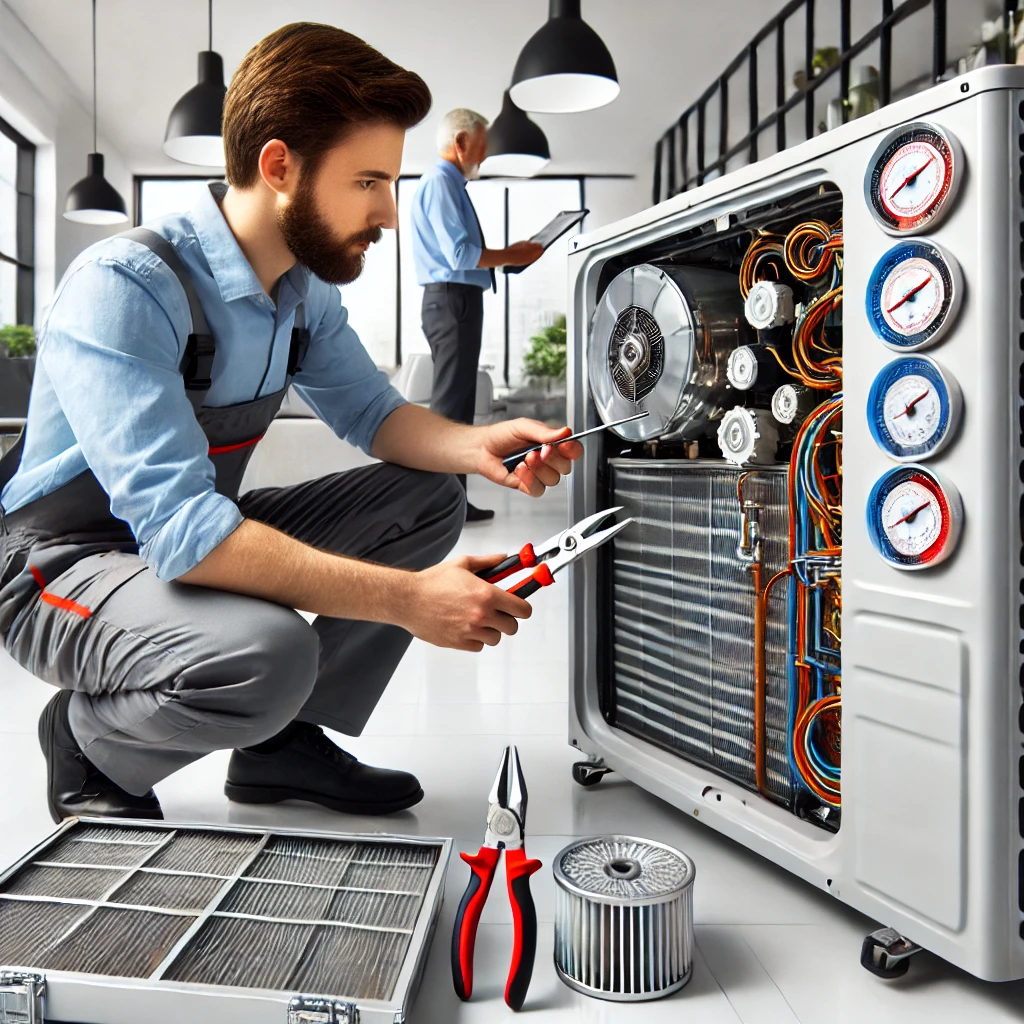 DALL·E 2025-02-09 21.57.29 - A professional technician performing maintenance on an air conditioning system in a modern office. The image includes tools, refrigerant gauges, and f